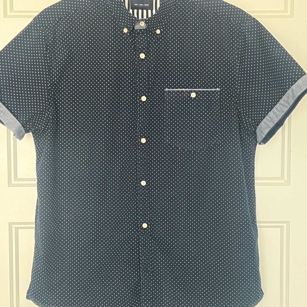 Denim & Flower Blue Casual Button Down Shirt with Polka Dots